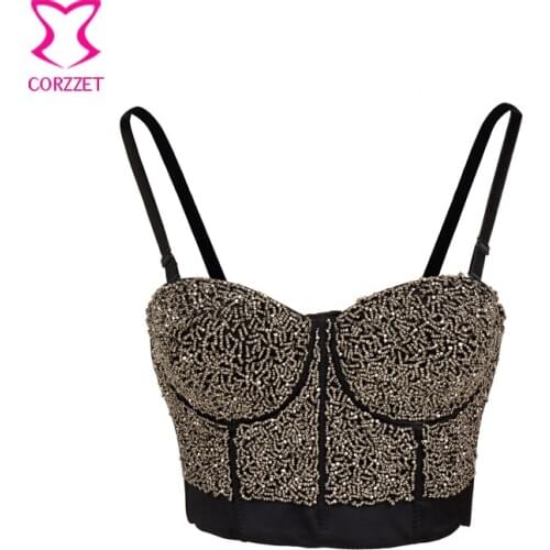 Gold Rhinestone Beading Women Cotton Bra Tops Cropped Gothic Push Up Sexy Lingerie Corset Hot Fashion Club Party Camisole 2XL