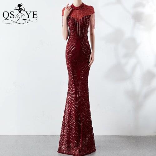 Long Sequin Burgundy Evening Dress Mermaid Long Prom Gown High Neck Fit Party Dress Beadings Straps Formal Dress Cap Sleeves