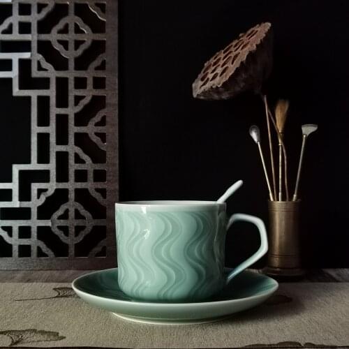Coffee Mug 8.5oz Teacup and Saucer Set 250ml Porcelain Drinkware Microwave and Dishwasher Safe Ceramic Cup Chinese Style Celadon