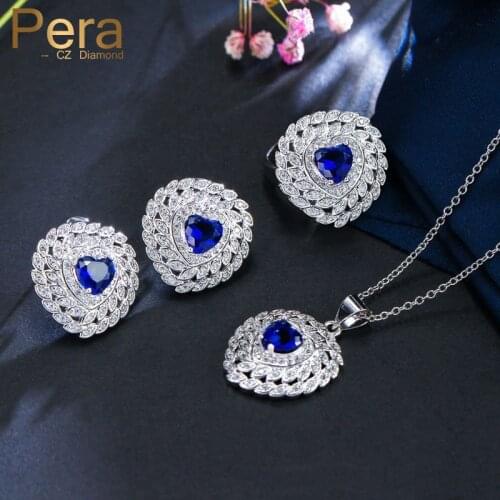 Pera Elegant Women Royal CZ Jewelry Sets For Bridesmaids Big Heart Shape Cubic Zirconia Necklace Earrings And Finger Rings J236