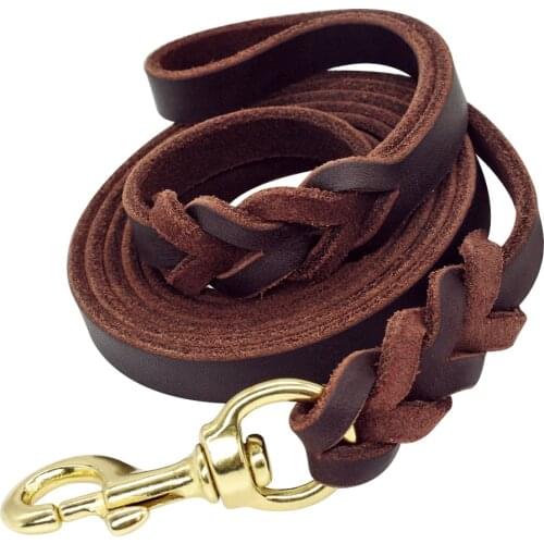 Leather Dog Leash Durable Dog Training Leash Braided Pet Dog Leads Rope for Medium Large Dogs Walking Running Brown