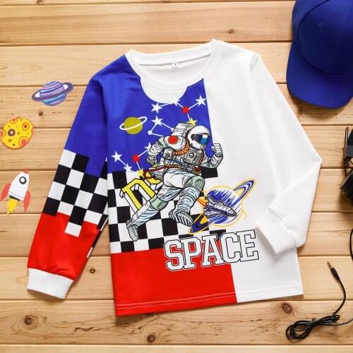 Patpat Trendy Kid Boy Letter Astronaut Space Print Plaid Pullover Sweatshirt