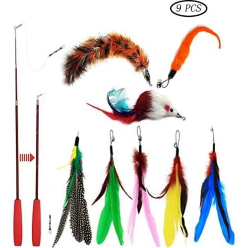 9 PCS Replacement Cat Feather Toy Set Cat Toys Set Funny Cat Stick Bell Ball Feather Toy Cat Interactive Cat Play Toy