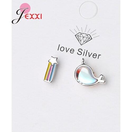 New Trendy Woman Girl Student Stud Earring Fine 925 Sterling Silver with Colorful Enameled Rainbow Star Whale Design Pendientes