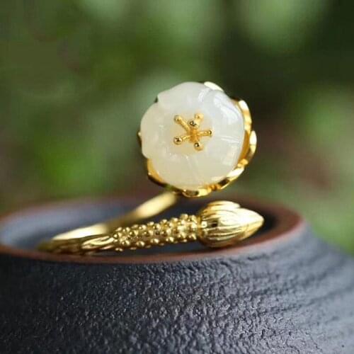 New S925 Sterling Silver Roasted Blue Inlaid Fashion Hetian Jade Silver Jewelry Boutique White Jade Bud Open Mouth Ring Ornament