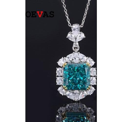 OEVAS 100% 925 Sterling Silver 13*13mm Aquamarine Yellow High Carbon Diamond Radiant Cut Pendant Necklace For Women Fine Jewelry