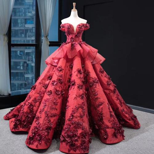 Latest Red Off Shoulder Sexy Wedding Dresses Design 2020 Handmade Flowers Pearls Bridal Gowns Real Photo HM66878 Custom Made