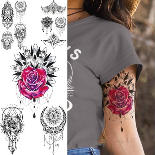 Rose Henna Flowers Temporary Tattoos For Women Sexy Chains Jewelry Tattoo Sticker Moon Geometric Mehndi Pendants Fake Tatoos Arm