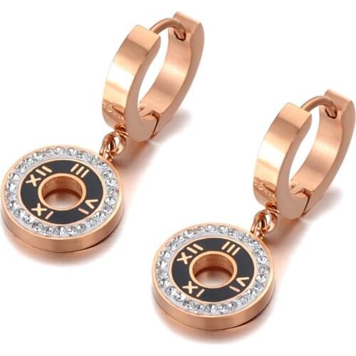 Trendy Titanium Stainless Steel Shell Acrylic Roman Numeral Wedding Earrings For Women Rhinestone Hoop Earrings E20099