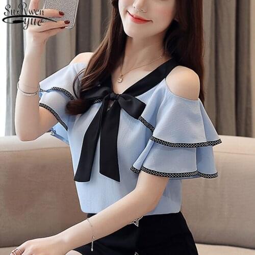 Blusas Mujer 2021 Sexy Off Shoulder Tops Bow V-neck Chiffon Blouse Short Sleeve Blouse Women Summer Tops Female Shirt 14096