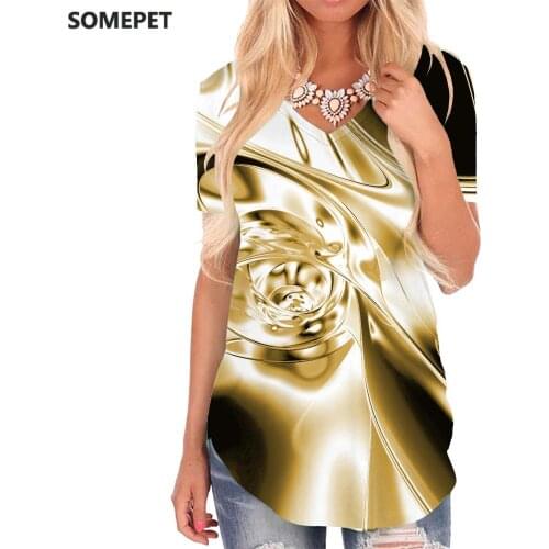 SOMEPET Abstract T-shirt women Gold Shirt Print Graphics T-shirts 3d Harajuku V-neck Tshirt Womens Clothing Summer Casual Tops