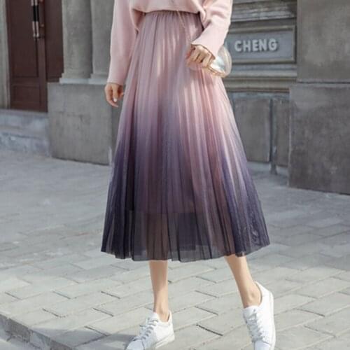 Women 2020 Autumn Elastic Waist Pleated Mesh Skirts Women Fashion Gradient Color Tulle Skirts Ladies Fashion Long Party Skirt