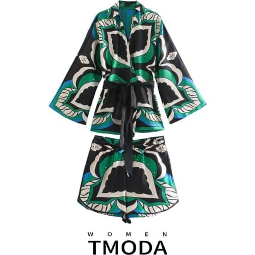 TMODA1563 Za 2021 Summer Women Fashion Floral Printed Blouse Shirt Tops High Waist Pants Shorts Two Piece Set Female Beach Sets