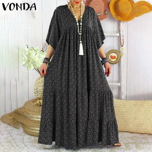 Women Half Sleeve Floral Print Dress Summer Sexy V Neck Beach Sundress 2021 VONDA Casual Baggy Ruffled Hem Vestidos