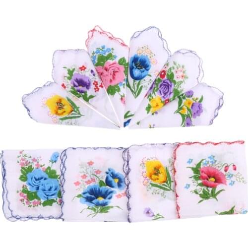 10pcs Wholesale Women 100% Cotton White Handkerchiefs Assorted Colourful Flowers Wavy Edge Ladies Hankies Gift for Wedding Party
