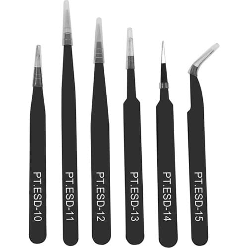 6pcs Anti-static ESD Stainless Steel Tweezers Electronics Industrial Precision Curved Straight Tip Phone Repair Hand Tool Kit