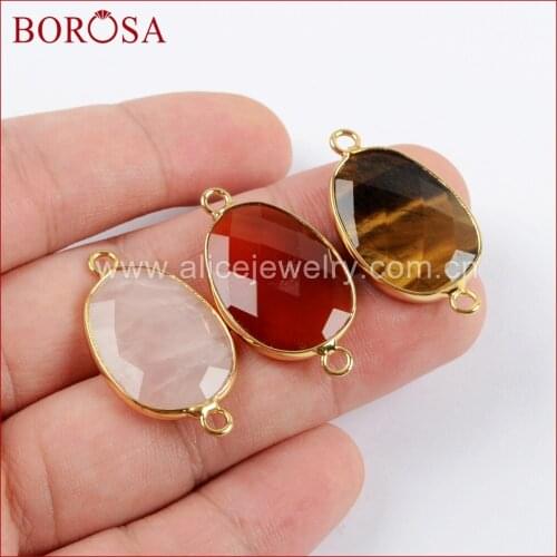 BOROSA 10PCS Natural Multi-kind Faceted Stone Connector Gold Trim Agates Quartz Druzy Double Charms for Bracelets G1640