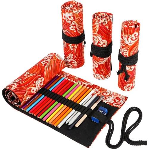 Roll Up School Pencil Case for Boys Girls Large Capacity 12/24/36/48/72 Holes Pencil Box Pouch Red Canvas Kawaii Bag Stationery