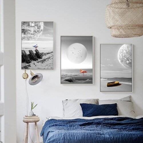 Black And White Photography Moon Silhouette Scenery Boat Animal Bird Horse Canvas Painting Wall Picture Poster Room Decoration