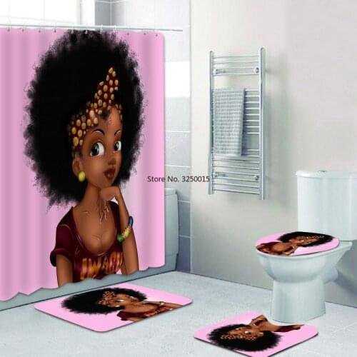 Home Decor Purple African American Women Girl Black Afro Women Shower Curtain Set Bathroom Curtain Bath Mat Rug Carpet Toilet