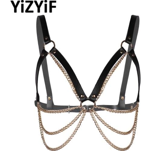 Gothic Punk Harness Bra PU Leather Body Chains Waist Belts Adjustable Body Chest Harness Belt with Metal O-Rings Tassel Chains