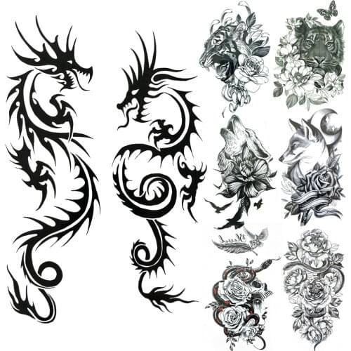 Dragon Fake Temporary Tattoo For Men Women Tiger Daisy Flower Tattoos Sticker Unique Wolf Snake Rose Floral Tatoos Body Art Arm