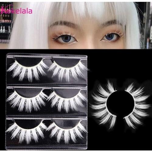 Kekelala 3 Pairs Silk 3D Mink White Eyelashes Vegan Soft Fluffy Cosplay Halloween Cartoon White Lashes Extension Makeup Beauty