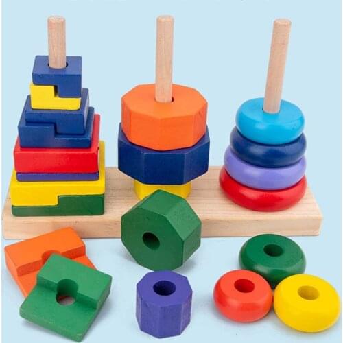 Montessori Toys For Kids Colorful Wooden Rainbow Circle Jenga Permutation Count Block Educational Baby Toys For 1-3 Years Old