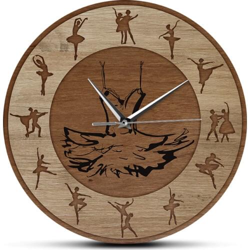 Ballet Time Ballerina Dancers Art Wood Texture Acrylic Printed Wall Clock Ballet TUTU Dress Girl Room Silent Hanging Wall Watch