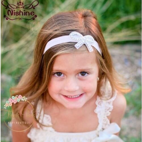 Nishine 13 Colors Girls Baptism Headband Kids Bow Hairband Rhinestone Christening Wedding Flower Girl Hair Bands Photo Prop