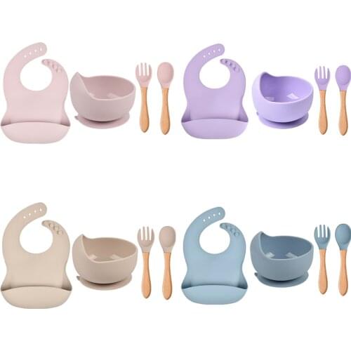 Suction Baby Bib+Bowl Spoon Fork silicone tableware children Wooden handle silicone spoon bowl Kids silicone Dinner Feeding Bowl