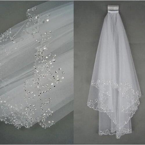 Wedding Accessories 2021 Pearls Tulle Long Cathedral Wedding Veil Ribbon Edge Bridal Veil with Comb veu de noiva longo