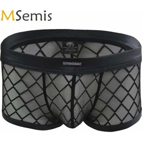 Men Lingerie Exotic Semi-see Through Transparent Panties Sissy Faux Leather Belt Gridding Boxer Brief Shorts Hot Jockstrap Trunk