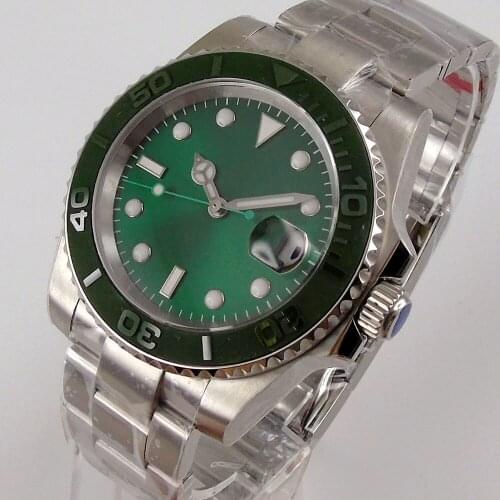 40mm Green Sterile Dial Sapphire glass Date Brushed Ceramic Bezel Steel Bracelet NH35 MIYOTA 8215 Movement Mens Watch