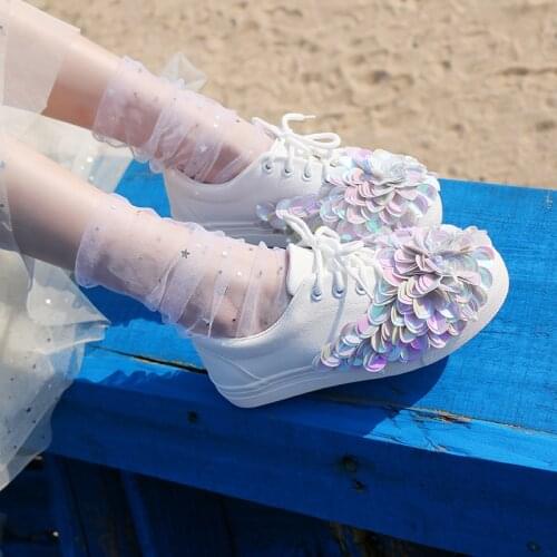 Ins platform canvas shoes womens handmade colorful flower fairy platform white shoes lace up sneakers fashion