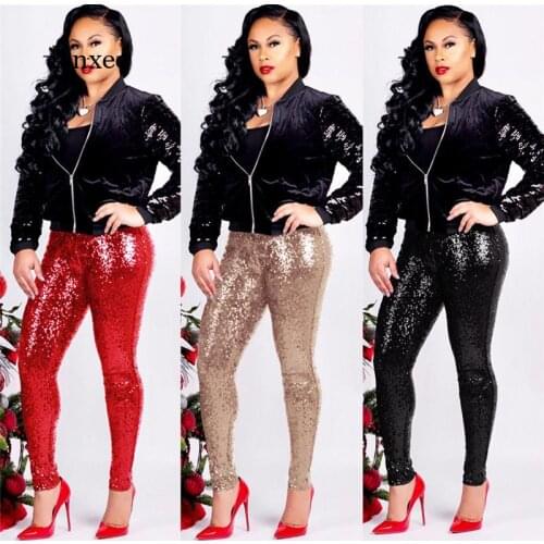 Spring and Autumn Womens Sexy Black Sequins Sequins Wide Legs Long Flared Pants High Waist Christmas Pants Set Streetwear
