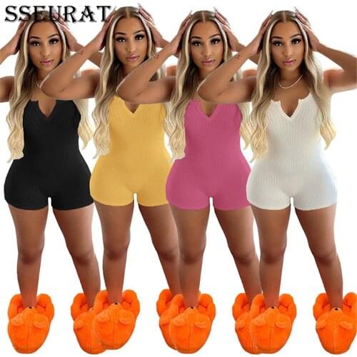 SSEURAT Women Solid Sleeveless V-neck Bodycon Strechy Mini Playsuits Casual Fashion Romper One Piece Overalls Summer