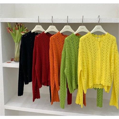 Spring Autumn Womens Thin Solid Hollow Out England Style O-Neck Short Knit Cardigan Harajuku Sweater Single Breasted Cropped