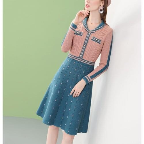 Patchwork Women Spring Autumn Knitted Dresses Peter Pan Collar Twist A-Line Elegant French Dress For Women Sweater Dress