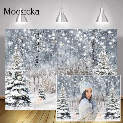 Winter Bokeh Pine Forest Backdrop Frozen Snow Wonderland Baby Cake Smash Background Adult Birthday Portrait Photo Studio Props