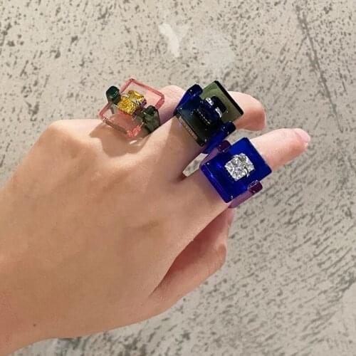 2021 New Transparent Resin Acrylic Rhinestone Colourful Geometric Square Crystal Rings for Women Jewelry Party Gifts