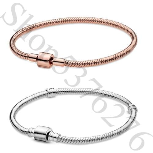 Real 925 Sterling Silver Moments Signature Barrel Clasp Fashion Bracelet Fit Pandora Women Bead Charm Bangle Gift DIY Jewelry