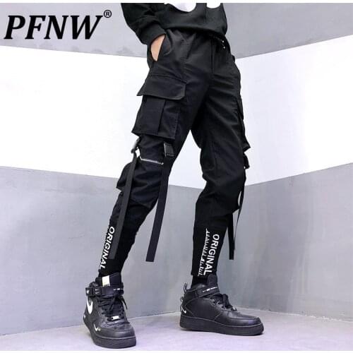 PFNW Mens 2021 New Trouser Embroidered Overalls New Dark Trends Work Safari Pockets Loose Cargo Pants Hip Hop Streetwear 2X0396