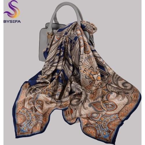 BYSIFA|Khaki 100% Silk Scarf Women Fashion Paisley Design Scarves Summer Beach Shawls Winter Ladies Square Scarves 108*108cm