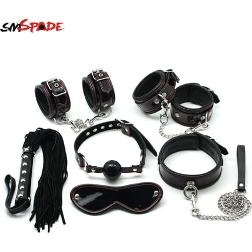 SMSPADE Real Leather Luxurious Bondage Restraints Kit Handcuffs Ankle Cuffs Mouth Gag Neck Collar Flogger Whip