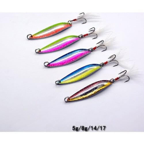 Rainbow Colors VIB 5g 8g 14g Laser Lure Metal jig Slow Jigging/Trolling wobbler Metal Spoon With Feather Hook Metal Fishing Lure