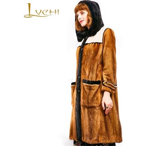 LVCHI Winter2017 Imported Crown Velvet Mink Coat Womens With Fur Hood Natural Fur Coats Mink Coat Slim Patchwork Mink Fur Coats