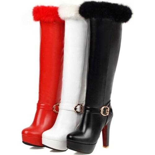 PXELENA Fashion Rabbit Fur Faux Women Knee High Boots Super High Heels Zip Buckle Party Dress Office Lady Long Boots Black White
