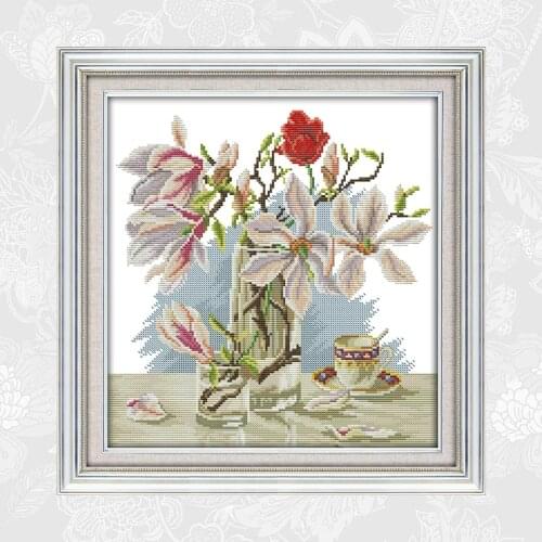 Magnolia Flower Cross Stitch Kits Printed Aida Canvas 14CT 11CT DIY Handmade Embroidery Sets Cross-stitch Needlework Home Decor
