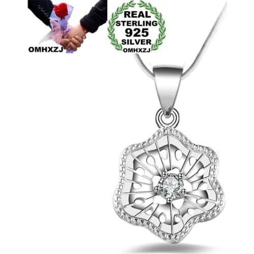 OMHXZJ Wholesale Personality Fashion OL Woman Girl Gift Silver Geometric AAA Zircon 925 Sterling Silver Pendant Necklace NC113